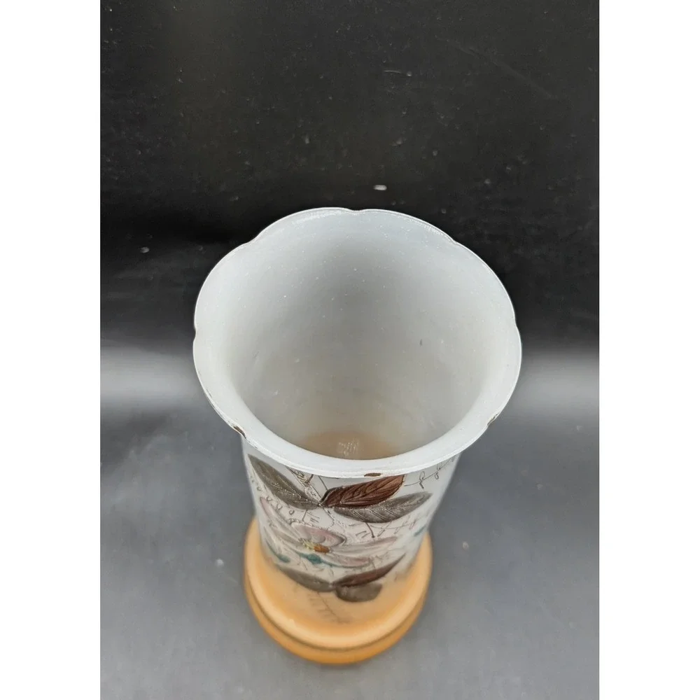 Antique Bristol Glass Vase Hand Painted Floral Frosted Scalloped Rim Peach White